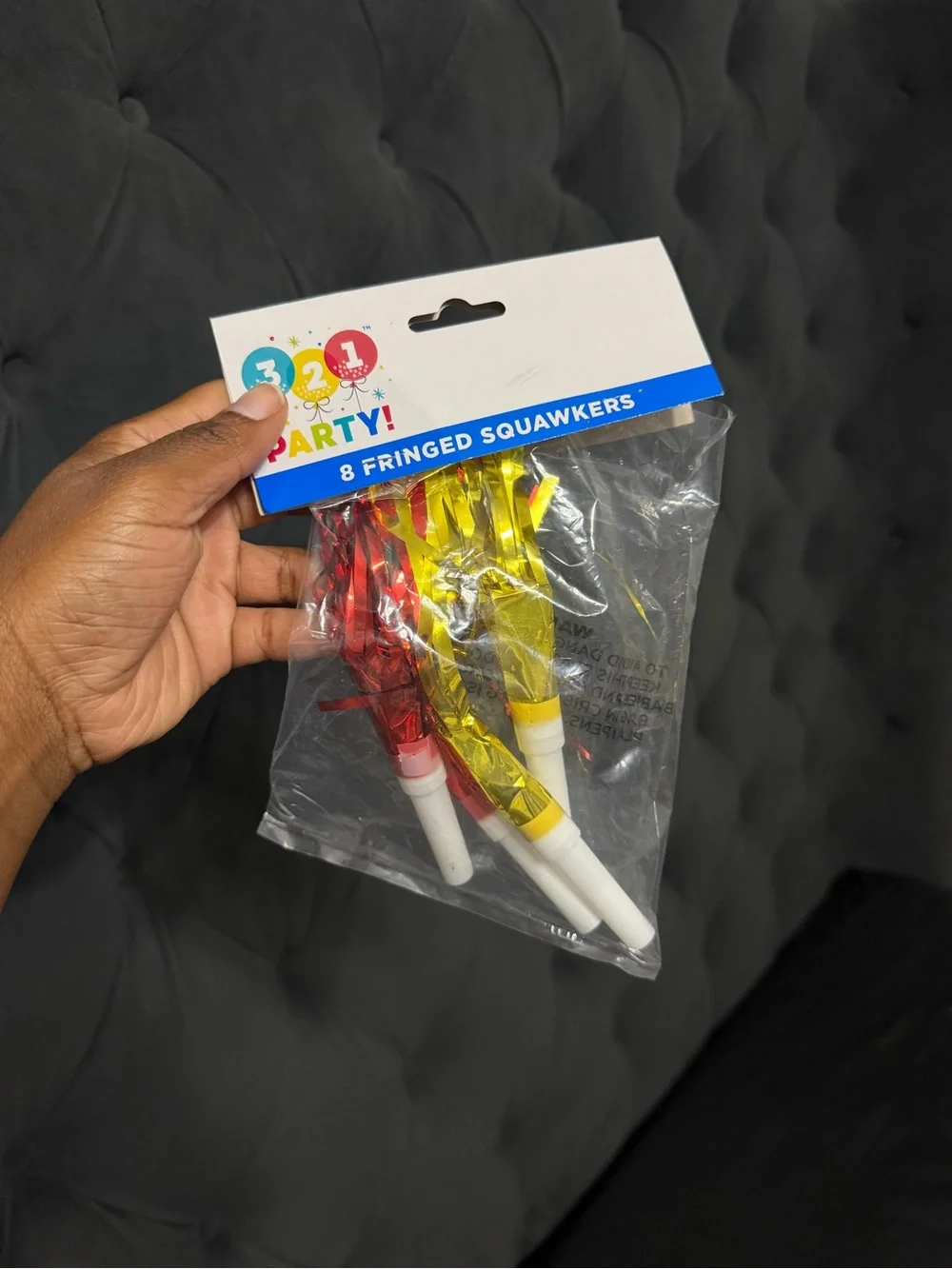 8 Fringed Squawkers - Red & Gold Party Noisemakers